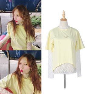 韩版秋季泫雅同款长袖，打底高领蕾丝，衫+黄色t恤