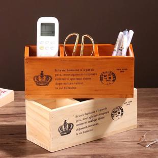 zakka复古木盒长方形实木三格笔筒桌面收纳盒木质遥控器收纳