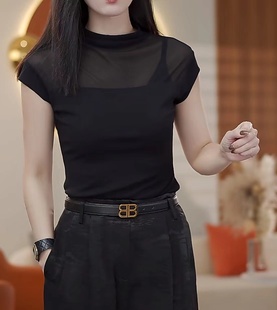 2024春季黑色网纱短袖薄款性感修身蕾丝，拼接立领上衣xm-68855