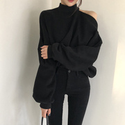 气质黑色纯棉半高领露肩卫衣女2023年秋冬设计感小众宽松套头上衣