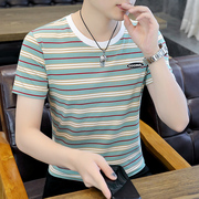 夏季彩色条纹休闲圆领短袖t恤男式青年xs码s号瘦个子时尚潮流半袖