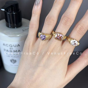 3选法式彩色宝石，18k镀金可颂螺纹紫粉白钻戒指，日常叠戴夸张大颗