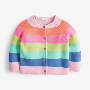 英国next童装女童女宝宝，春秋荧光色彩虹，针织开衫条纹毛衣外套
