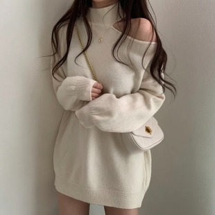 韩国chic秋冬设计感露肩高领，毛衣中长款宽松外穿针织，连衣裙短裙女