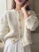 法式复古奶白色珍珠绒，毛衣外套女秋冬装慵懒风软糯针织开衫上衣