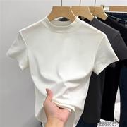 烟灰色天丝短袖T恤女夏季2024韩版修身显瘦设计感体恤上衣潮