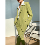 karfely重磅醋酸乱麻肌理感西装，外套女手工拱针香草绿西服帅气