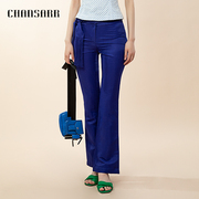 香莎chansarr别致设计深蓝流苏修身裤，简约时尚舒适棉麻长裤