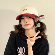 韩版拼接色软顶棒球帽子女夏天米，红色潮流字母，情侣款鸭舌帽男青年