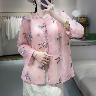 新中式上衣唐装汉服女成人夏季小衫真丝国风刺绣薄款外套防晒开衫