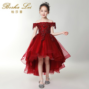 儿童礼服一字肩小女孩，公主裙蓬蓬，纱花童婚纱走秀主持人红色晚礼服