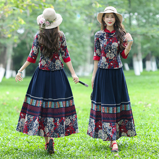 唐装女装中国风复古中式盘扣，改良旗袍式，上衣民族风棉麻套装两件套