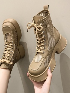 马丁靴女夏季薄款网靴镂空2023短靴，厚底方头中跟单靴炸街ins