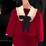 韩国童装女童毛呢套装秋冬洋气，过年服加绒红色外套背心裙两件套潮