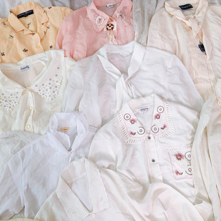 古着vintage日本小清新百搭蕾丝，刺绣镂空翻领，飘带白色衬衫孤品
