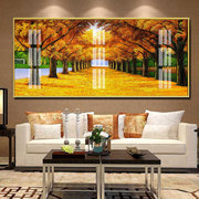 沙发背景墙挂画黄金满地客厅装饰画一整幅张横版(张横版)晶瓷画新中式油画