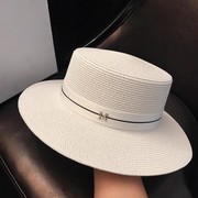 法国定制夏季平顶优雅白色草帽女海边度假遮阳帽简约百搭休闲礼帽