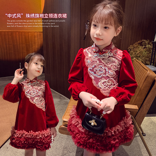 女童中国风连衣裙加绒冬装2024洋气儿童红色公主，裙女孩拜年服