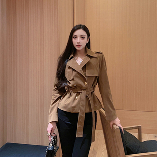 王玖玖美拉德麂皮翻领工装，系带长袖短风衣夹克外套上衣女