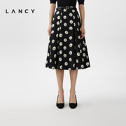 LANCY/朗姿2024春季女士黑色桑蚕丝法式复古印花半身裙大裙摆