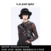 lapargay纳帕佳2023秋装上衣时尚，印花小立领，长袖t恤针织衫女