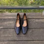 黑海岸羊皮手工单鞋女秋季一字带，玛丽珍鞋复古风浅口平底鞋舒适