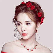 新娘头饰红色三件套发箍玫瑰项链超仙结婚敬酒服发饰花朵