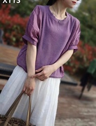 韩版纯棉T恤113高级设计感拼接苎麻蝙蝠袖宽松休闲上衣女2024夏季