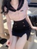 夏纯欲辣妹jk制服套装设计感开叉性感包臀裙+海军，领粉色短袖衬衫
