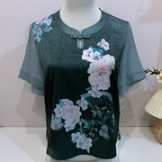 母亲节妈妈夏装中老年人女装奶奶旗袍领短袖t恤真丝上衣老人衣服