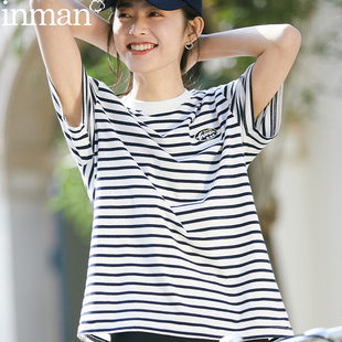 茵曼女装蓝白条纹t恤女2024夏季纯棉短袖海魂衫