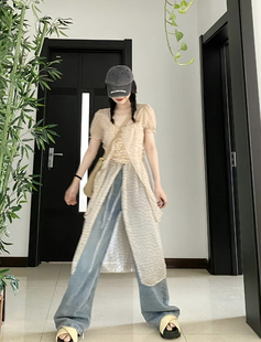 韩版复古夏季套装女2024气质名媛设计感上衣高腰牛仔裤两件套