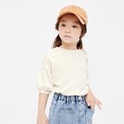 夏季女童纯棉短袖T恤儿童女宝纯色七分袖上衣宝宝灯笼袖圆领打底