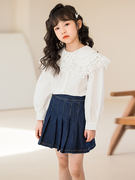 女童2023夏季洋气花边反领衬衫韩版白色娃娃，领纯棉上衣中大童