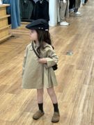 2023秋季韩版女童裙摆式风衣纯色中长款防风外套娃娃上衣开衫