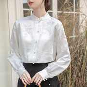 白色新中式国风高端改良盘扣，上衣女装2024早春汉元素立领长袖衬衫