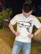 大鲨鱼字母印花男士t恤衫韩版修身短袖上衣夏季潮流帅气圆领体恤