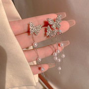 韩国森系蝴蝶耳钉女镶钻流苏，耳环长款不对称高级感个性网红耳饰品