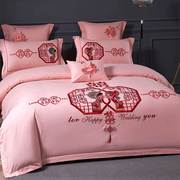 新婚庆家纺床上四件套全棉纯棉绣花粉色红色被罩结婚陪嫁婚房床品