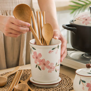 多美然日式樱花筷子筒陶瓷，筷子架家用沥水筷子，篓筷子桶筷子笼收纳