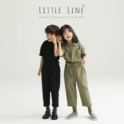 LittleLine 春夏可爱彼得潘领短袖棉麻连体服 儿童三季连身长裤