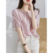 韩国夏季薄款雪纺，衫女短袖2024法式小衫复古竖条纹上衣女气质