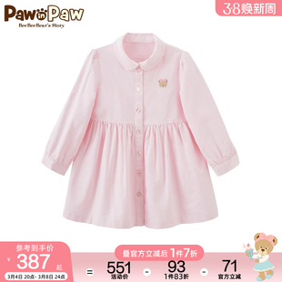 pawinpaw卡通小熊童装，2024年春季女宝宝卡通，纯色单排扣连衣裙