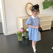 艾摩贝贝女童气质泡泡袖小翻领，衬衫裙儿童韩版简约蓝色棉质连衣裙
