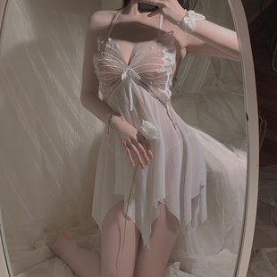 大码睡裙性感系带吊带睡衣裙，透明网纱蕾丝，薄款露背夏季火辣内衣