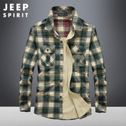 jeep吉普纯棉长袖衬衫男春季中老年爸爸格子，衬衣翻领休闲运动外套