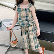 2024韩版女童背带裙套装夏季格子无袖露背中小童七分裤两件套