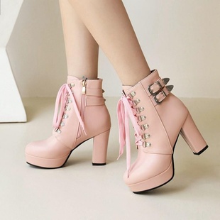 系带鞋厚底马丁靴粗跟高跟短靴女米色白色粉红色大码女靴小码 ZSM