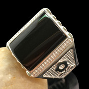 宝石戒指天然黑玛瑙s925纯银白金戒指 玉石镶嵌可调男指环带证