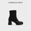 charles&keith秋冬女靴，ck1-90580181两穿可拆卸袜套，粗跟短靴女